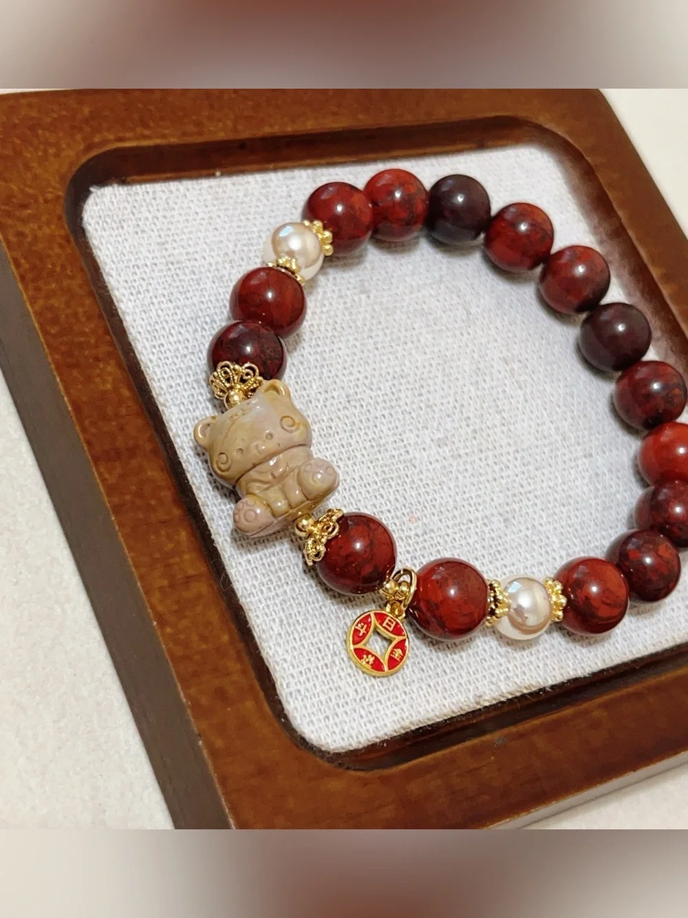 Natural Red Jasper Handmade Bracelet with Cute Alashan Agate Charm option 10mm